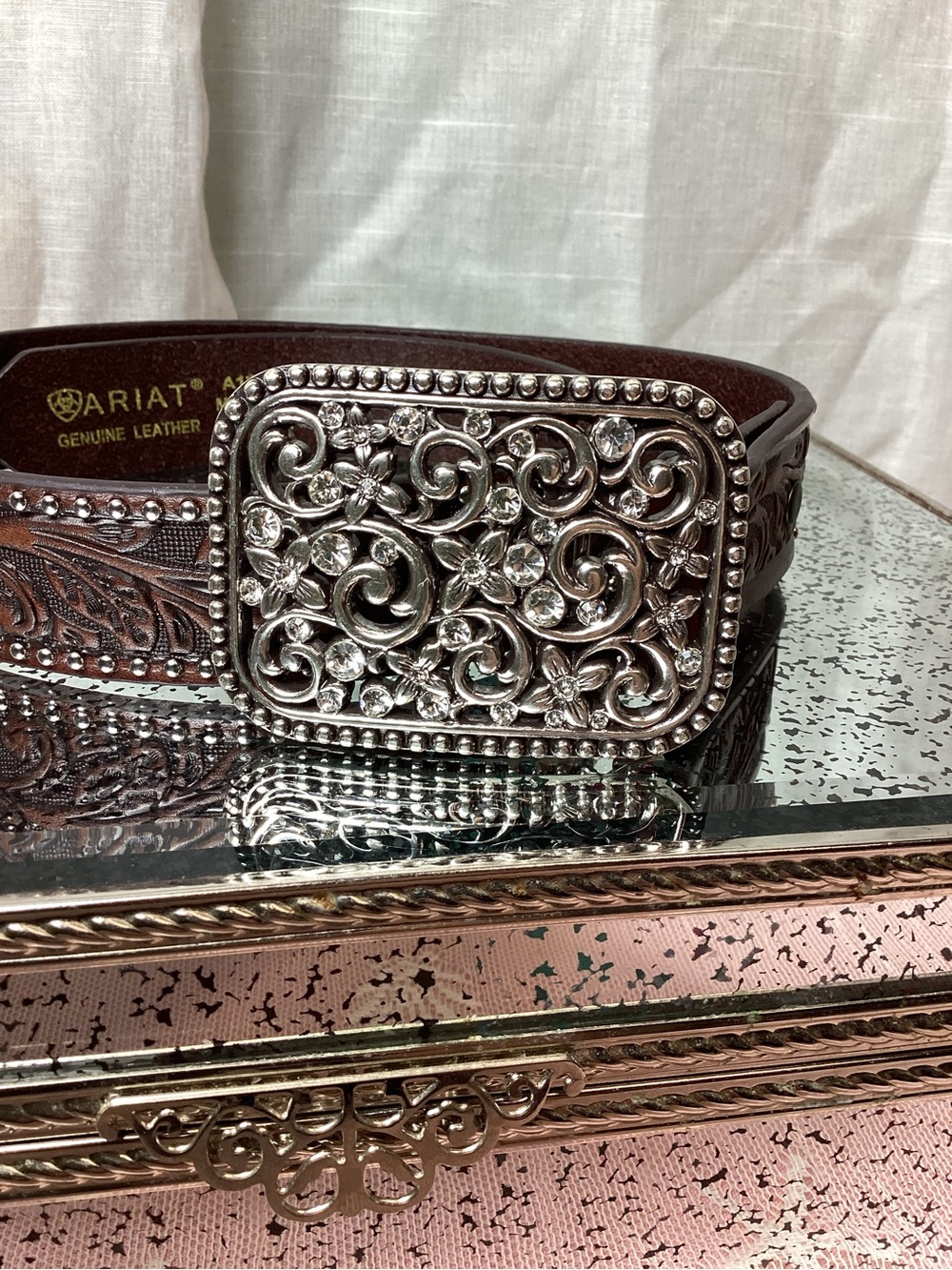 Ariat Girls Brown Floral Embossed Leather Belt; Size: 24